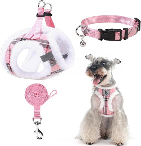 EXPAWLORER Fleece Lined Step-in Dog Harness - Soft Plush Padded Puppy Harness and Leash Set with Adjustable Dog Collar, No Pull Escape Proof Suede Dog Vest Harness for Small Dogs, Pink S