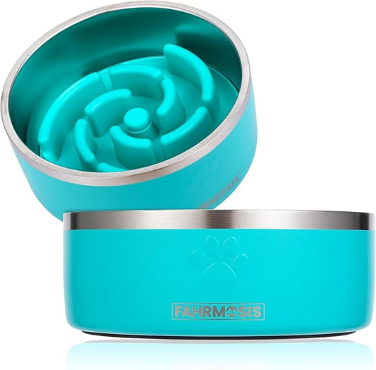 32 Oz Dog Bowl with Slow Feeder Insert Stainless Steel Pet Water Bowl for Medium & Large Breed Non Slip Rubber Base & Plastic Puzzle Feeder - Teal