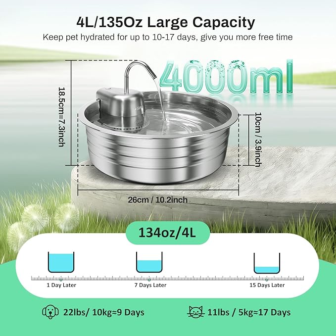 Cat Water Fountain, 4L/135OZ Stainless Steel Pet Fountain with 3 Filters Dog Water Dispenser, Dog Water Bowl Cat Drinking Fountains Watering Supplies with Ultra-Quiet Pump for Pets Indoor