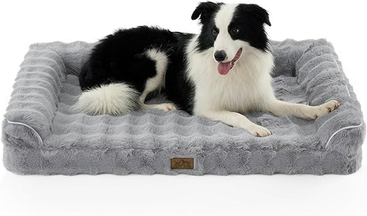 Faux Fur Orthopedic Dog Bed, Super Soft Large Dog Bed, Supportive Foam Bolster Pet Sofa with Waterproof Lining Cover, Washable U-Shaped Pet Couch with Anti-Slip Bottom Design, Grey XL 42x30x7 inch