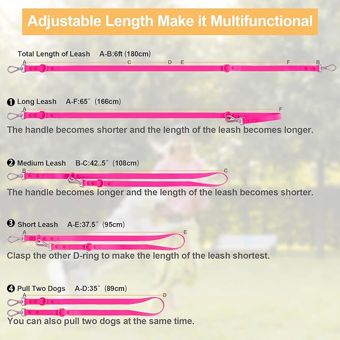 Wisedog Waterproof Dog Leash – 5ft/6ft Adjustable with 2 Metal Swivel Hooks, Easy to Clean Dog Leashes for Small, Medium, Large Breed Dogs (Rose Violet,L)