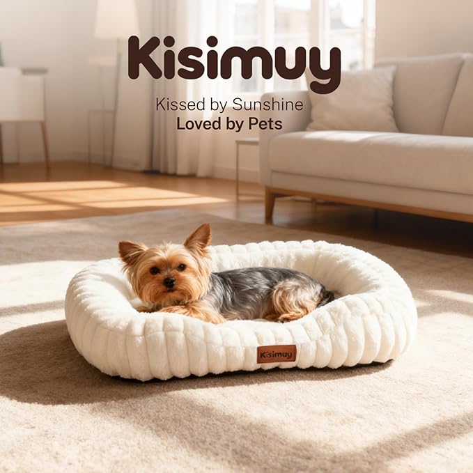 Orthopedic Dog Bed for Small Medium Dogs & Cats - Soft Furry Puppy Bed with Removable Washable Cover & Anti-Slip Bottom, Calming Rectangle Cat & Puppy Bed for Indoor Pets, 25x21x4inches, Cream