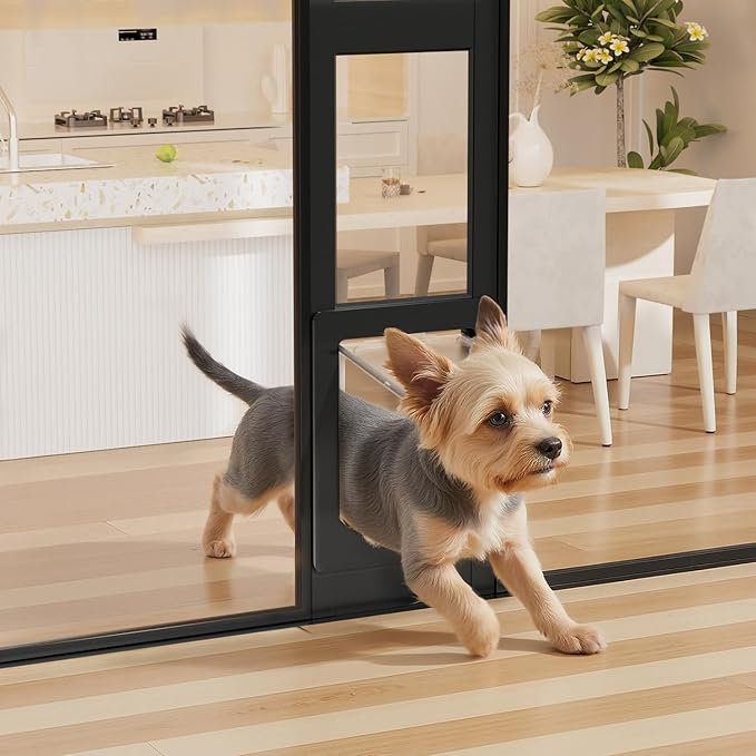 Dog Door for Sliding Glass Door with Magnetic Plastic Flat, Sliding Door Pet Doggie Door Insert with Lock, Adjustable Height No-Cut Required Doggy Door Access Renters, Apartments, Patio (Black, M)