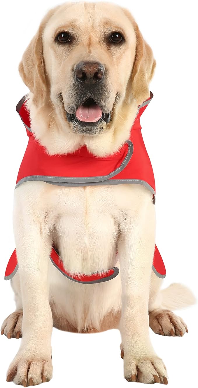 Dog Raincoats for Large Dogs Waterproof Hooded Rain Jacket with Reflective Strips Leash Hole & Poncho Adjustable Fit (Red,L)