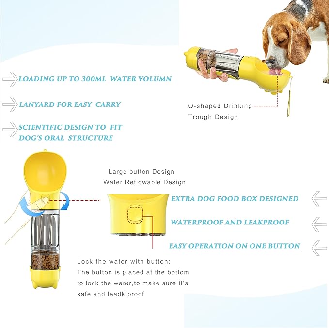Upgraded Dog Water Bottle,Multifunction with Detachable Pet Treat Container and Poop Bags Box,Trash Shovel,O-Shaped Dog Bowl,Leakproof,Pet Travel,Outdoor Activity Necessities,Yellow(10.56fl oz)