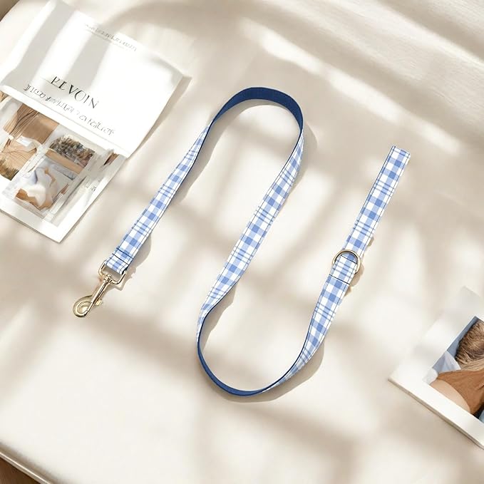 PETDURO Personalized Dog Collar Navy Blue Plaid for Large Medium Dogs | Engraved Name and Phone Number on Gold Metal Buckle for Boys | Add Leash & Bow Tie via Customize Now