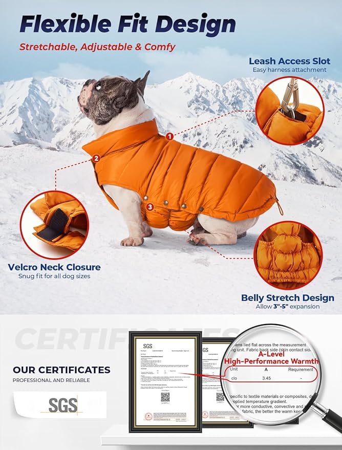 SPACE LION Dog Puffer Jacket, Down Winter Coat, Durable Outdoor Coat for Cold and Windy Conditions, Lightweight & Adjustable Fit Coats for Large Dogs, (Orange, Size28/4XL)