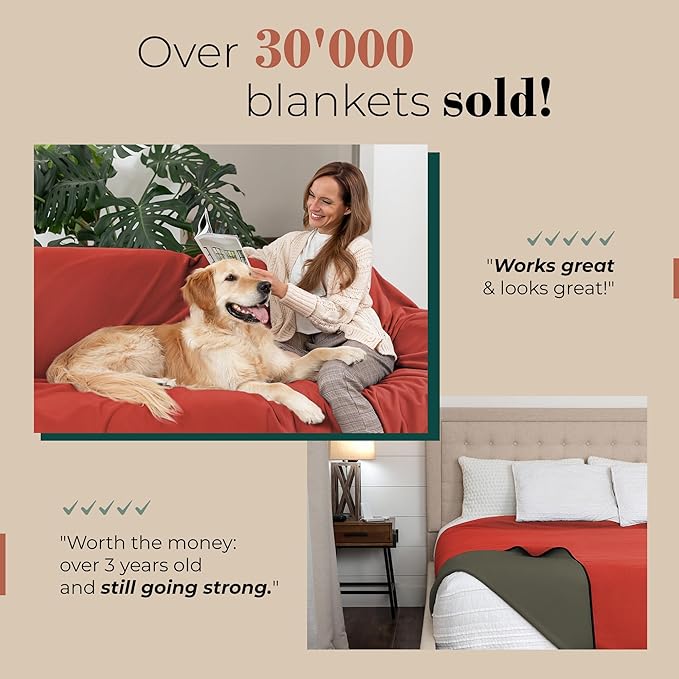 Waterproof Blanket for Bed or Couch – Soft and Leakproof Waterproof Throw Blanket, Water Proof & Stain Resistant Easy to Clean Throw Blanket Cover for Adults or Pets, Reversible Red/Green 80”x90”