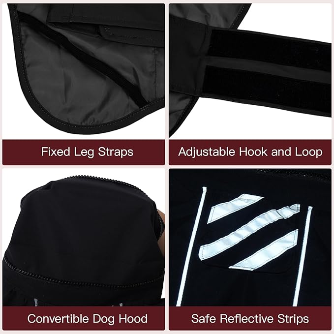 Dog Raincoat, Waterproof Rain Jacket for Large Dogs Poncho with Leash Hole Convertible Hood/Collar Reflective Rain Coat, Lightweight Breathable Stay Secure Walking (Black, XXXL)