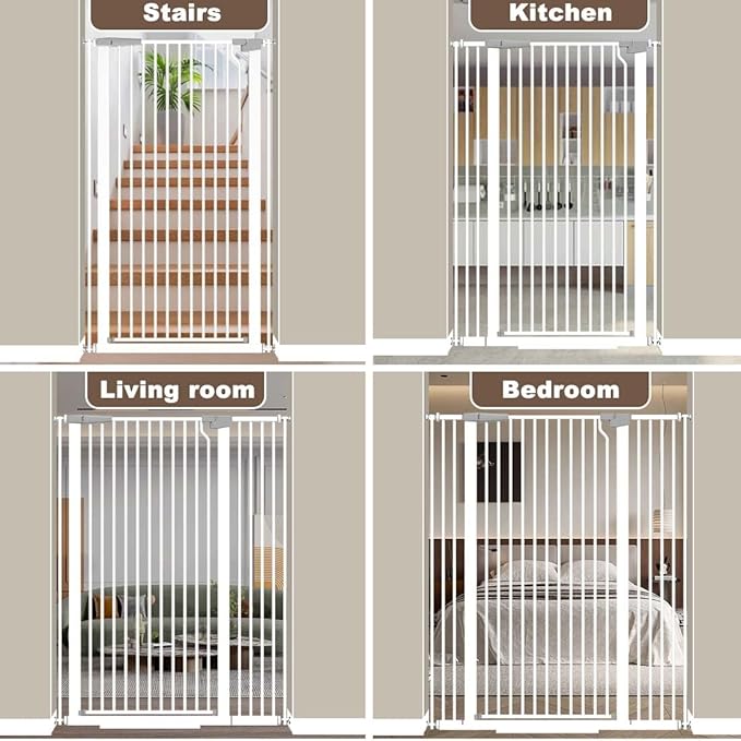 Fairy Baby 51.18" Extra Tall Pet Gate for Doorways, 48.5"-56.2" Extra Wide Long Baby Gate for Stairs, Metal Pressure-Mounted Walk-Through Dog Gate, Auto Close Safety Child Gate Indoor Use, White