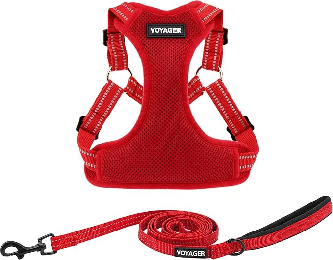 Best Pet Supplies Voyager Mesh Dog Breathable Harness Reflective Stitching, All Weather Adjustable for Walking Training, or Running - Heavy Duty & Durable, Harness Leash Set (Red), S