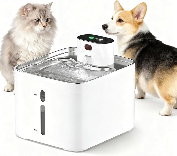 Cat Water Fountain Stainless Steel, 5000mAh Battery Operated Cat Fountain, 142oz/4.2L Wireless Water Fountains Indoor, Sensor and Timer Water Modes, Suitable for Cats and Small Dogs