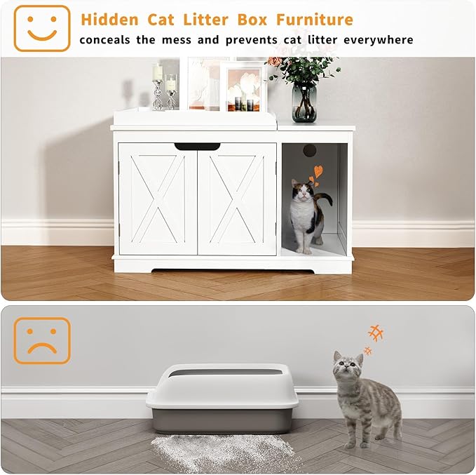 Flip Top Cat Litter Boxes Enclosure Covered Litter Box Hidden Furniture Wooden Cat Washroom Cabinet for Kitty, Medium and Large Cat White