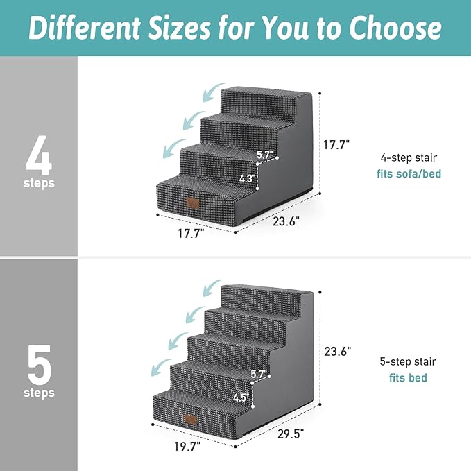 Dog Stairs for Small Dogs, 5 Tier Wider Pet Stairs for High Beds, 23.6" H Non-Slip Dog Steps for Old Cats, Puppies, Small Medium Dogs, 19.7x29.5x23.6 inch, Dark Grey