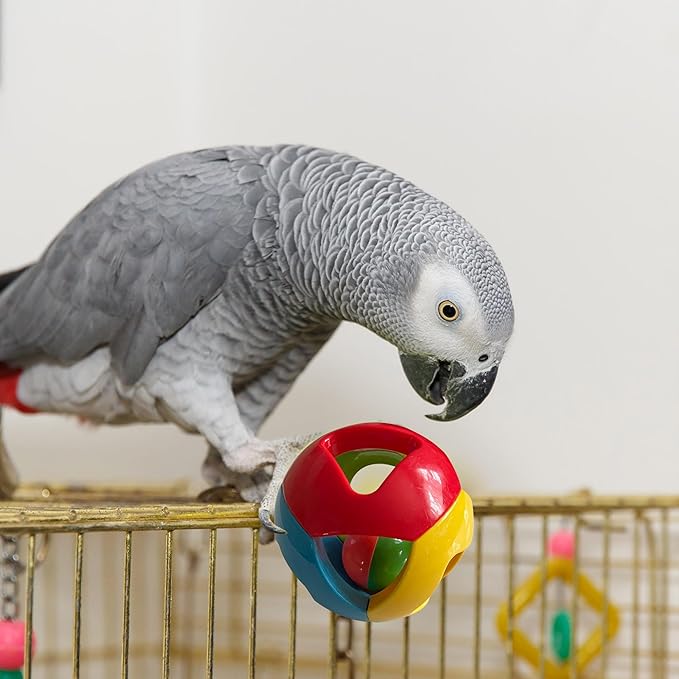 SIMENA Parrot Ball Toy with Bell, Cage Hanging Accessories for Medium to Large Birds, Interactive Toys for Birds, Cat Ball Toy (Geometric, Set of 1)