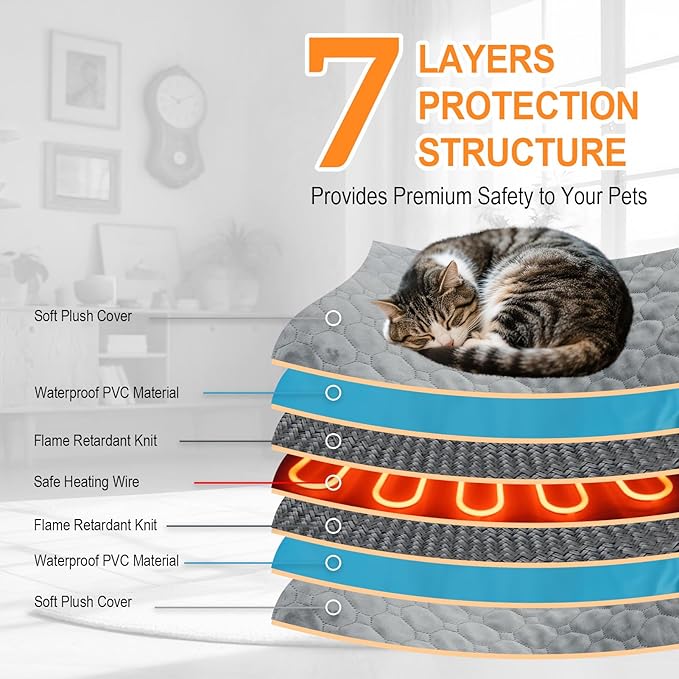 Cat Heating Pad, 6 Adjustable Temperature & 5 Timer Options, 17.7'' x 17.7'' Pet Heating Pad for Cats Dogs, Waterproof Indoor Outdoor Electric Heated Cat Bed Dog Mat with Chew-Resistant Cord (Grey)