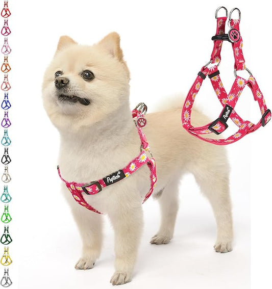 PUPTECK No Pull Dog Harness Soft Adjustable Basic Nylon Step in Puppy Vest Outdoor Walking with ID Tag, Fuchsia Daisy, M