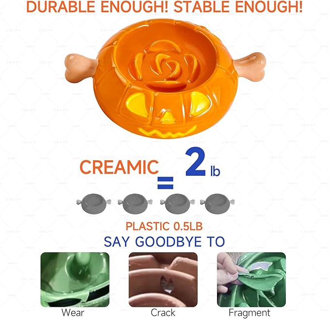 Dog Bowls Slow Feeder Ceramic, Pumpkin-Shaped & The Bone Handle Design,1.5 Cups Small Medium Breed, Slow Feeder for Fast Eater, Dog Dishes to Slow Down Eating, Orange