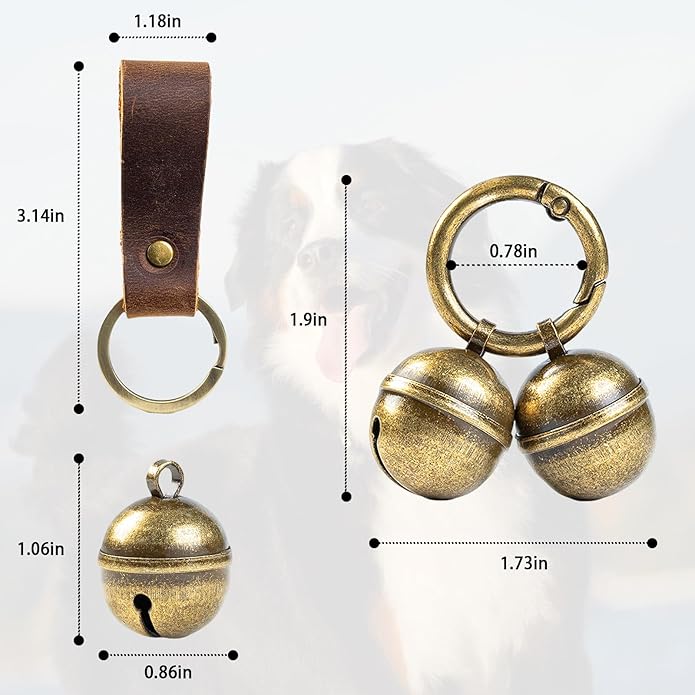 Loud Dog Collar Bells, Durable Pet Bells Tracker for Large Dogs, 4 Copper ells and 2 Leather Button Strap for Outdoor Safety, Pet Tracking, Hiking, Walking
