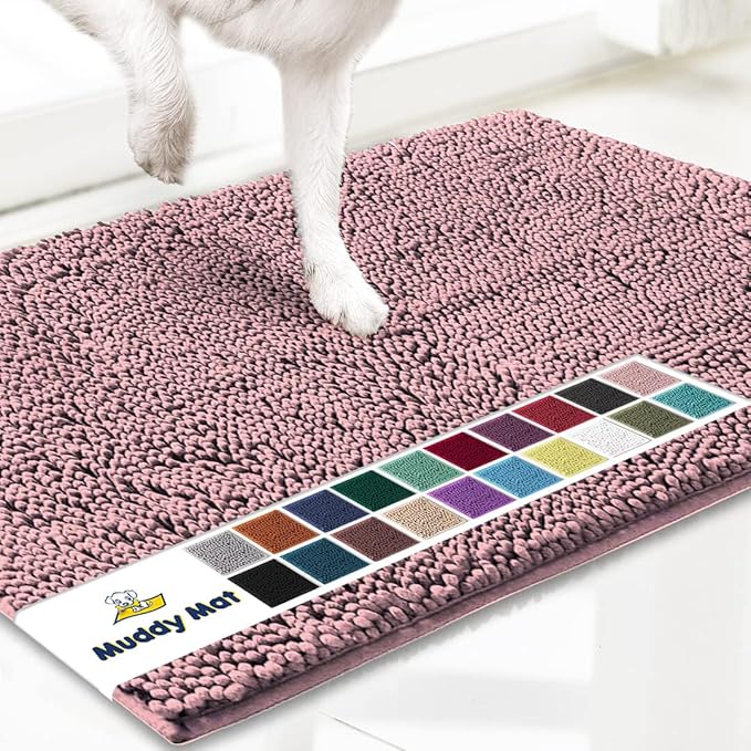 Muddy Mat® AS-SEEN-ON-TV Highly Absorbent Microfiber Door Mat and Pet Rug, Non Slip Thick Washable Area and Bath Mat Soft Chenille for Kitchen Bedroom Indoor and Outdoor - Light Pink 24" x 96"