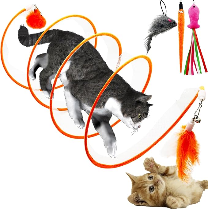 Self Play Cat Hunting Spiral Tunnel Toy, Folded Cat Spring Tunnel Toys for Indoor Cats (Orange)