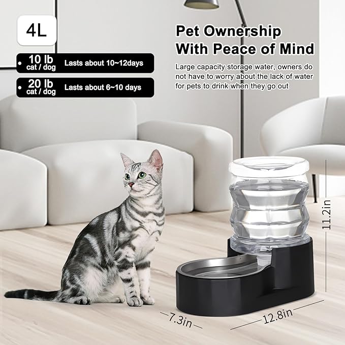 RIZZARI Automatic Gravity Pet Waterer Dispenser : 4L Black Stainless Steel Bowl Without Filter - Large Capacity Feeder for Dogs & Cats - Ideal for Kitchen - Living Room - or Hallway Use