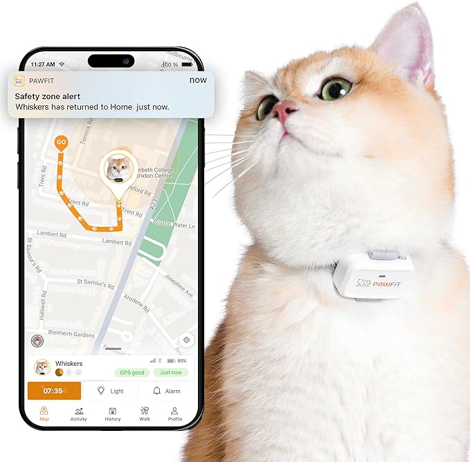Pawfit Lite for Cats 4g GPS Tracker | Real Time Tracking | Activity Monitoring |Location History | Unlimited Range | Safety Collar Included | Simply White