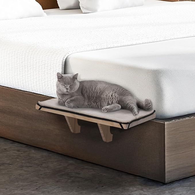 PETSFIT Cat Window Perch, Natural Solid Wood Cat Hammock with Removable Fleece Mat, Easy to Assemble Window Perch for Large Cats, Fits Windowsill, Bedside & Drawer