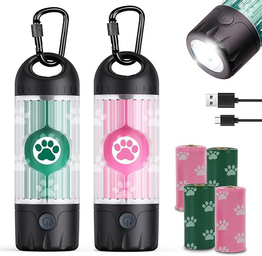 Tubasion 3-in-1 Dog Poop Bag Holder with Flashlight 7-Color, USB-C Rechargeable doggie bag holder for leash, IPX6 Waterproof Anti-Slip Clip Pet Waste Bag Dispenser for Walking (2 Dispensers, 60 Bags)