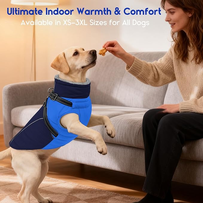 ASENKU Reflective Dog Coat with Built-in Harness, Windproof Fleece-Lined Dog Jacket for Small, Medium, Large Dogs, Warm Winter Vest with Turtleneck & Zipper (Khaki 2XL)