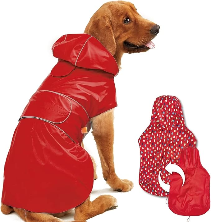 Dog Raincoat Reversible, Single Side Slicker Poncho Adjustable Waterproof Dog Rain Jacket with Leash Hole/Reflective Stripe Hooded Snowproof Windproof Clothes for Small to 3X-Large Dogs, 2XL