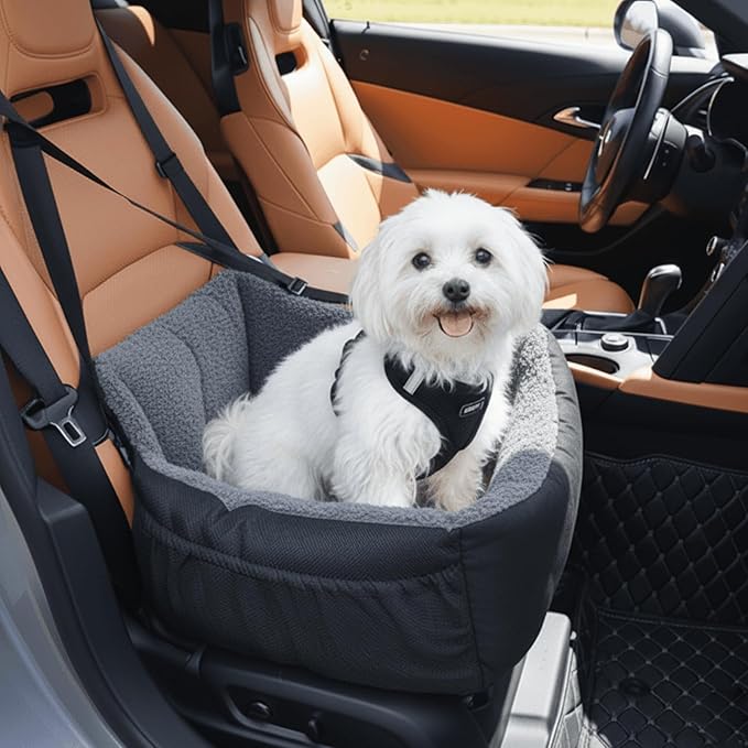 Dog Car Seat for Small Dogs,Washable Pet Booster Seats for Car with Clip-On Safty Leash, Reversible Puppy Carseat with Storage Pockets, Travel Carrier Bed for Dogs Under 25 lbs, Dark Grey
