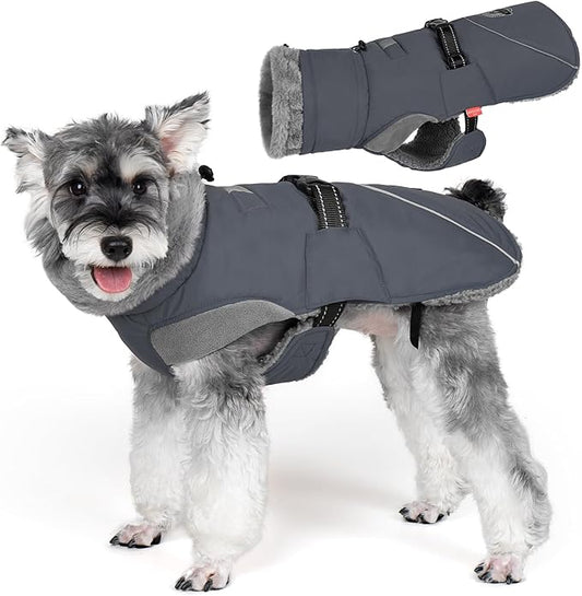KYEESE Waterproof Dog Coat, Windproof Warm Winter Jacket with Leash Hole, Reflective Cold Weather Dog Coats for Small Dogs, Outdoor Pet Coat Cozy Puppy Jacket Thick Fleece Lined, Gray, Small
