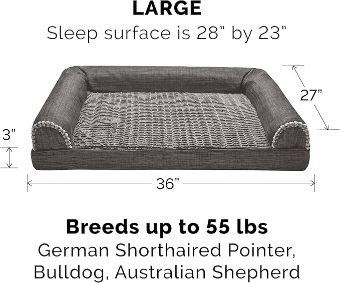 Furhaven Orthopedic Dog Bed for Large/Medium Dogs w/ Removable Bolsters & Washable Cover, For Dogs Up to 55 lbs - Luxe Faux Fur & Performance Linen Sofa - Charcoal, Large