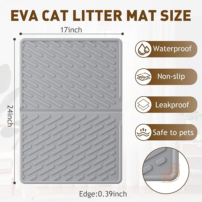 Cat Litter Mat with Grooves & Raised Edge, Urineproof/Waterproof, Litter Scattering Control, Easy to Clean & Recycle (24 * 17in-Grey-2 Pack)