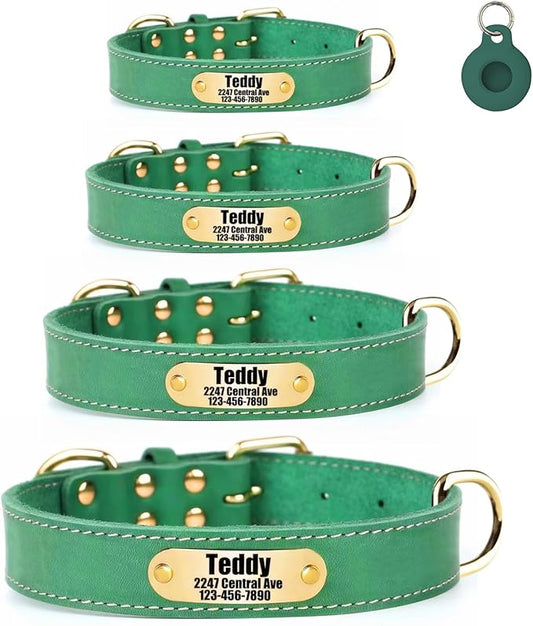 Moonpet Personalized Custom Leather Dog Collar with Engravable Nameplate with Airtag Holder Case- Durable Name Tag Collar - Customizable Dog Collar - Comfortable ID Collars for Medium Dogs-Bluegreen-M