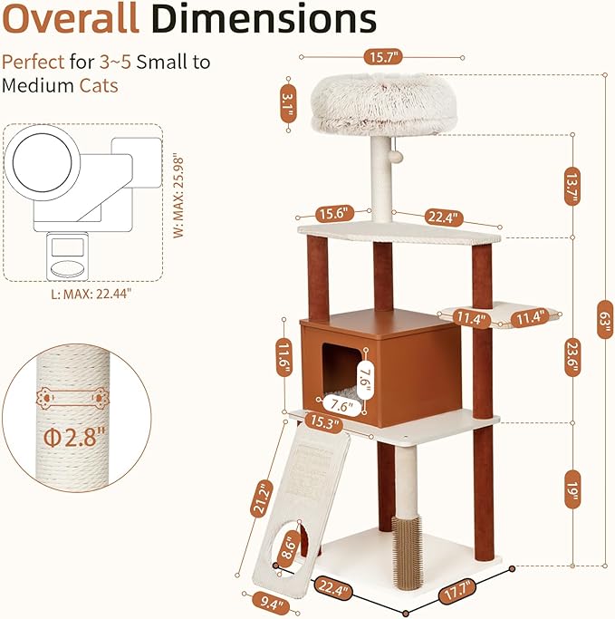 63 Inch Modern Cat Tree for Large Cats - Multi-Level Activity Center with Sisal Scratching Posts, Plush Perch, Enclosed Condo & Hanging Toy, Sturdy Wood Design for Indoor Use