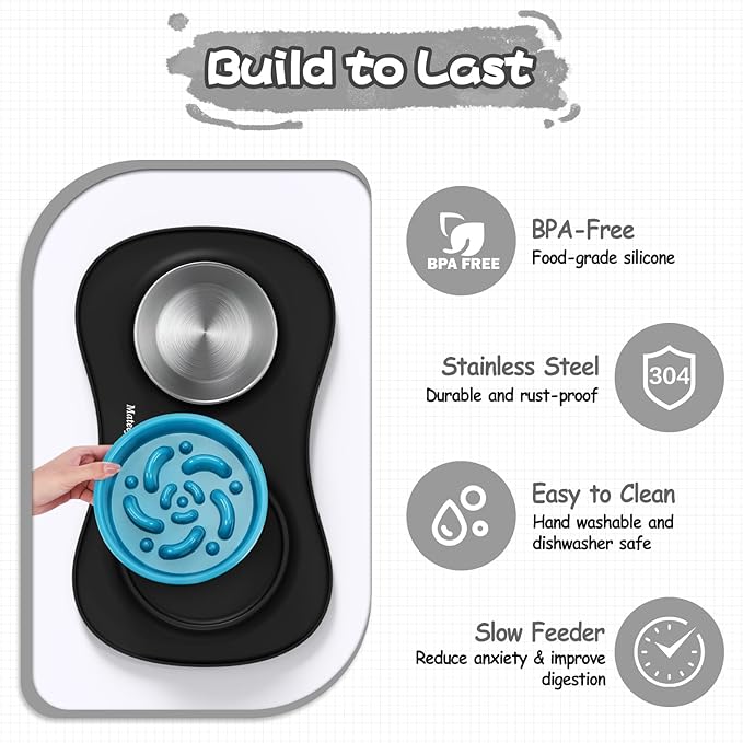 MateeyLife Dog Food and Water Bowl Set 3 in 1, Dog Bowls Slow Feeder & Stainless Steel Water Bowl with Non-Spill Silicone Mat, Cat and Puppy Bowls Pet Dishes for Small Medium Large Breed Anti-Choking