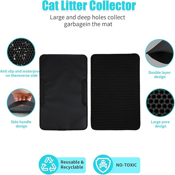 Cat Litter Mat, Kitty Litter Collector, Double Layered Honeycomb Design Waterproof, Anti Urine, Anti Slip, Easy to Clean, Limit Garbage (26"x46.5", Black)