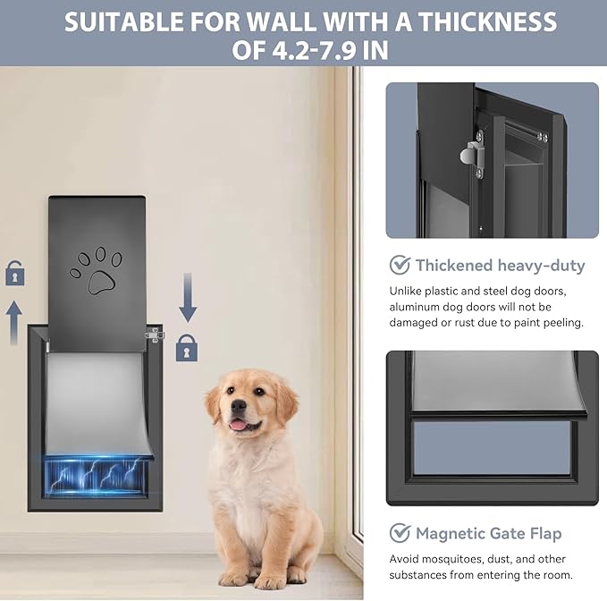 [Petoasis] 3-Flaps Heavy-Duty Dog Door for Wall, Rust Proof Aluminum Alloy Frame, Extreme Weather Dog Door Can Block Wind, Snow, and Rainwater Intrusion(Black, XLarge for Wall)