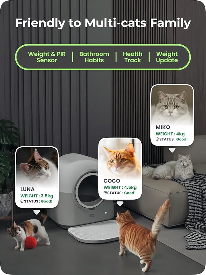 HHOLOVE TYPro Self Cleaning Cat Litter Box Automatic Hands-Free Smart Robot self Cleaning Cat Litter Box for Multiple Cats with APP Control Safe with Litter Mat Waste Bags and Deodorizer