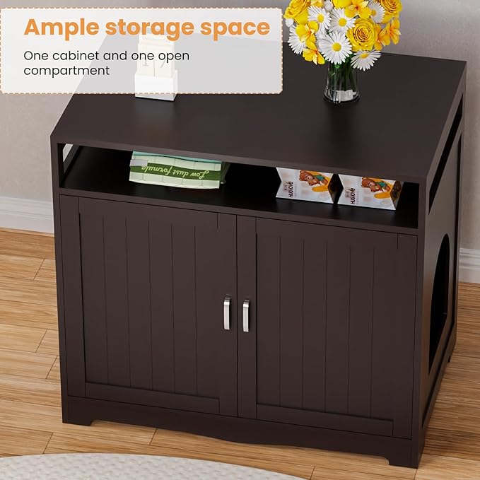 Cat Litter Box Enclosure, Hidden Litter Box Furniture with Built-in Power Outlet, Indoor Cat House, Cat Washroom Furniture, End Side Table for Hallway & Bedroom