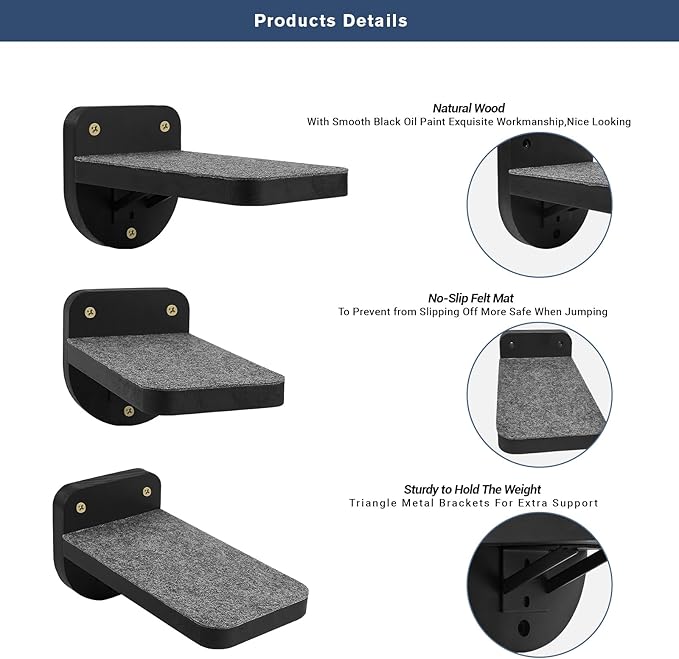 ESPETS Set of 3 Black Natural Sturdy Wood Cat Wall Floating Steps - Wall Mounted Cat Climbing Shelves and Perches, Kitty Stairs Climber Ladder for Wall - Holds up 35lbs