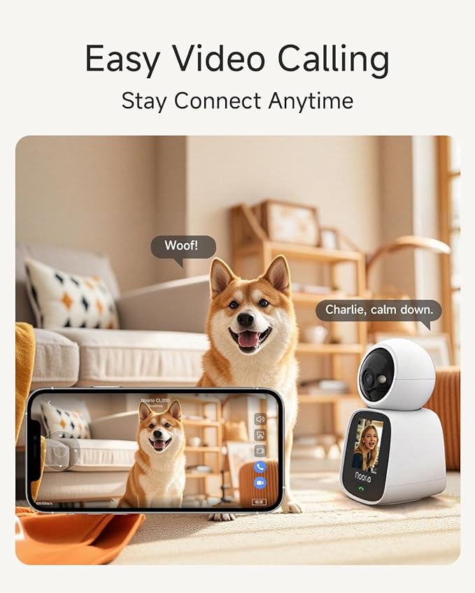 Noorio 5G Two Way Video Calling Camera, One Click Call 2K Pet Camera with Phone App, 360° PTZ Dog Cam with Speaker, Color Night Vision, 2.4 Inch Screen, CL200