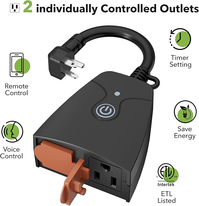 Outdoor Smart WiFi Plug, HBN Heavy Duty Wi-Fi Timer with Two Grounded Outlet, Wireless Remote Control by App Compatible with Alexa and Google Home Assistant 2.4 GHz Network only, ETL Listed (2 Pack)