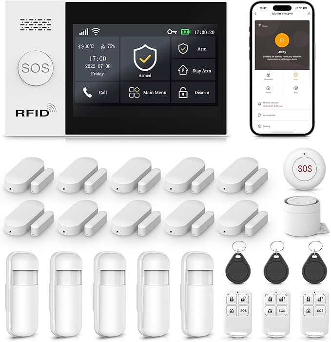 LWOHSI Wireless Home Alarm System with Touch Screen,Smart Home Security System,DIY Door/Window Alarms,Motion Detector,4G Phone Call/SMS/App Instant Alerts,Work with Alexa For House and The Kids Safety