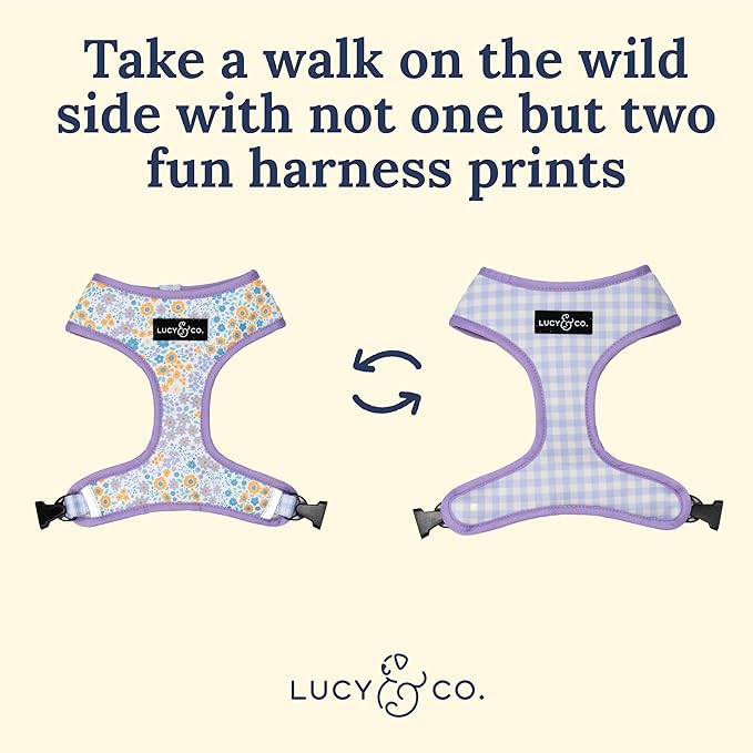 Lucy & Co. Cute Reversible Dog Harness Walking Halter - Best Designer Pet Harnesses for XS - XL Dogs - Padded Adjustable Vest for Easy Walking (Large, Among The Wildflowers - Purple Floral)