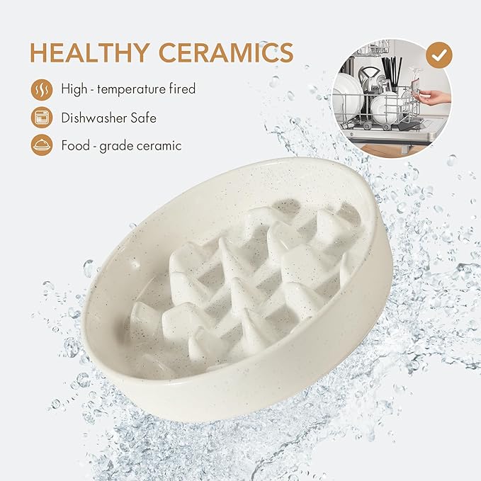 Ceramic 3.2 Cup Dog Bowl Slow Feeder, 9.5 inch Slow Pet Food Dish for Large Dog, Stop Bloat, Preventing Choking(Single Bowl, Vanilla White)