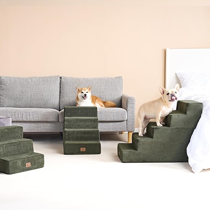 EHEYCIGA Dog Stairs for High Bed 22.5" H, 5-Step Dog Steps for Bed, Pet Steps for Small Dogs and Cats, Non-Slip Balanced Pet Ramp Indoor, Military Green