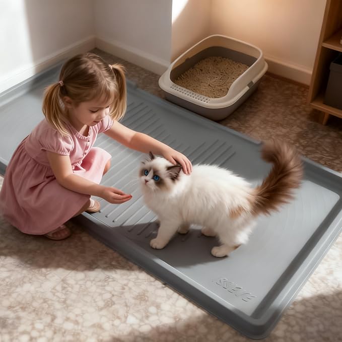 ISSEVE Cat Litter Mat 54" x 27.5" XXL, Extra Large Silicone Mat for Litter Box, 1.38" Raised Edge Urine Proof Litter Trapping Mat Pad for Scatter Control, Soft on Kitty Paws, Protect Floor (Grey)
